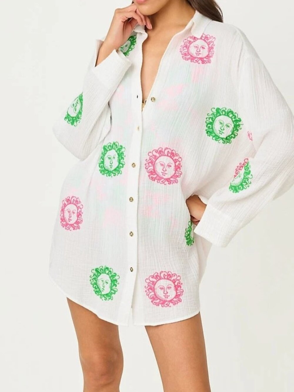 Lilly Pulitzer Kwitney Embroidered Long-Sleeves Cover-Up Mini Dress S 290354